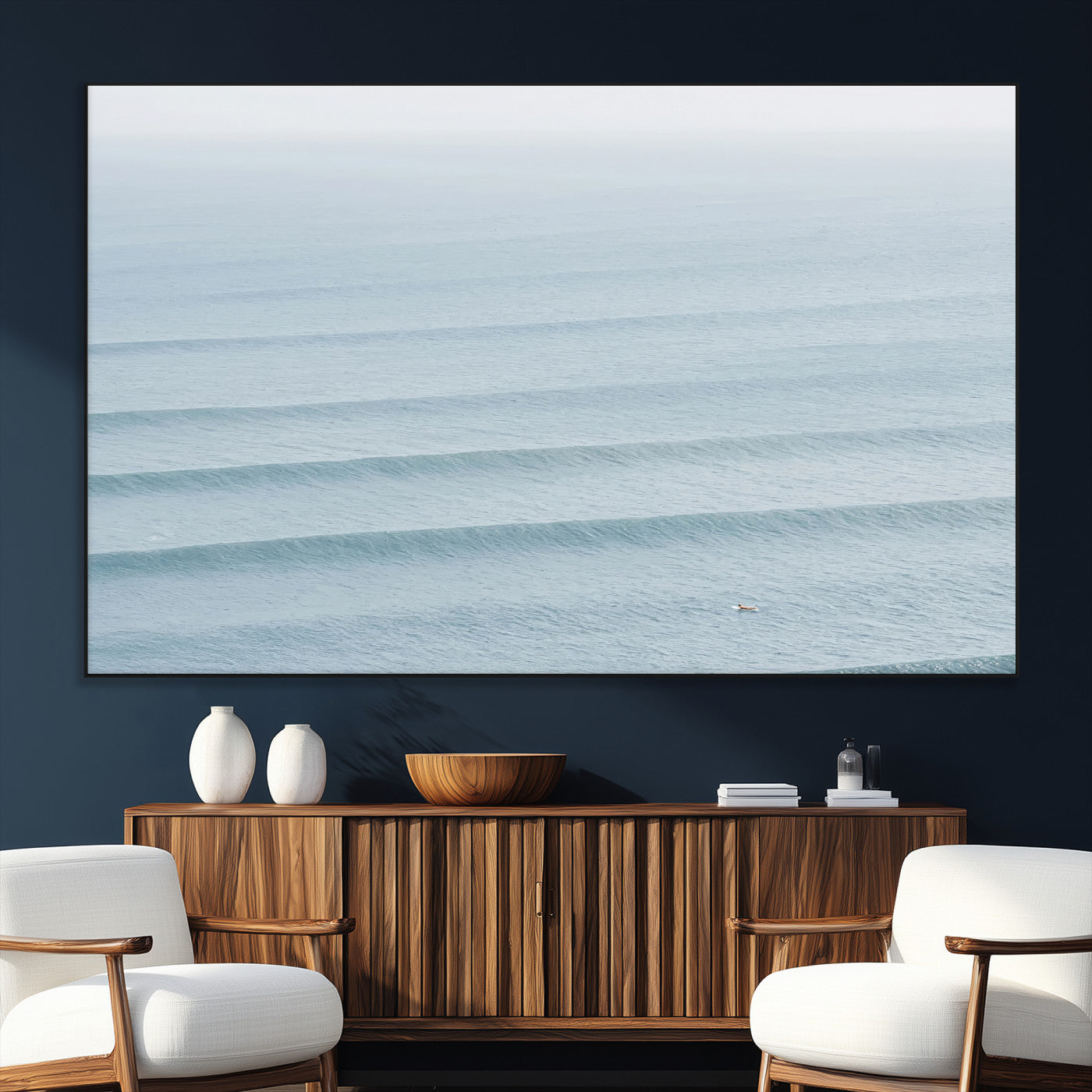 47814787-MGV-CV-36X24-Ocean Waves Wall Art Canvas Print, Framed Solo Surfer Art Picture Print, Wave Lines Perfect Minimalist Ocean Decor Artwork