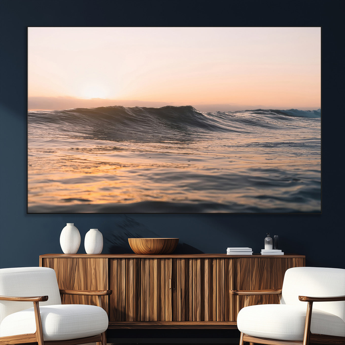 46299358-SEG-FC-51X34_Oversize_Oversize-Sunset Waves Wall Art Canvas Print, Framed Ocean Horizon Art Picture Print, Golden Water Perfect Golden Hour Coastal Decor Artwork