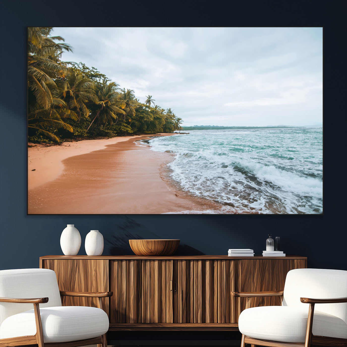 88125882-SEG-FC-51X34_Oversize_Oversize-Tropical Shoreline Wall Art Canvas Print, Framed Palm Trees Art Picture Print, Tropical Ocean Perfect Tropical Coastal Decor