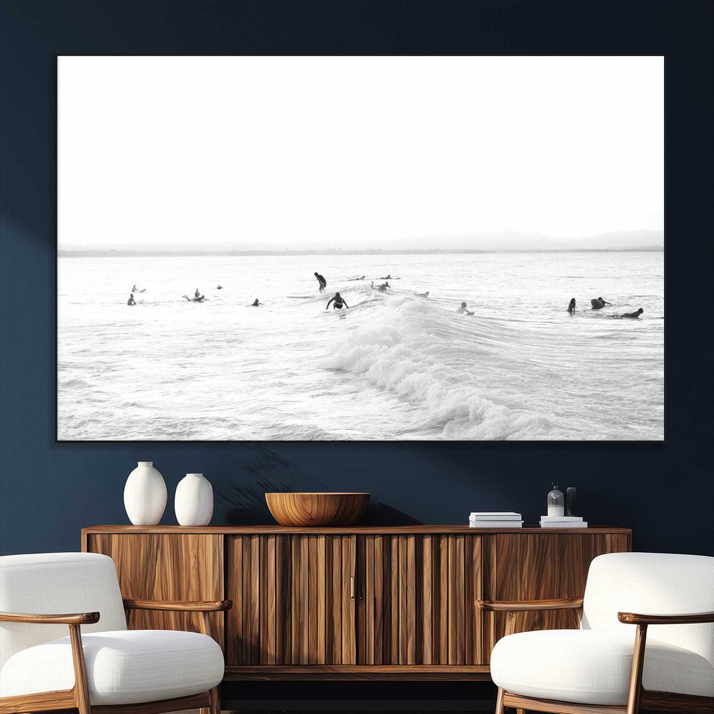 33449548-MGV-CV-36X24-Group Surfers Wall Art Canvas Print, Framed Ocean Wave Art Picture Print, Surf Crowd Perfect Monochrome Surf Decor Artwork