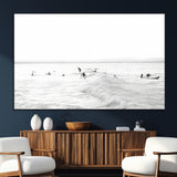 33449548-MGV-CV-36X24-Group Surfers Wall Art Canvas Print, Framed Ocean Wave Art Picture Print, Surf Crowd Perfect Monochrome Surf Decor Artwork