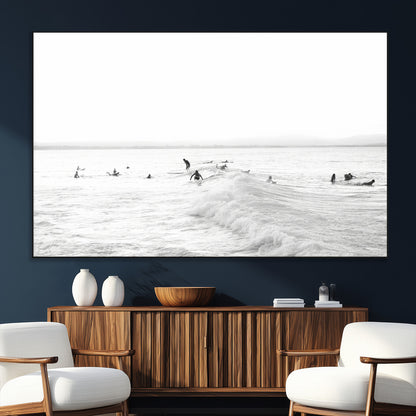 33449548-MGV-CV-36X24-Group Surfers Wall Art Canvas Print, Framed Ocean Wave Art Picture Print, Surf Crowd Perfect Monochrome Surf Decor Artwork