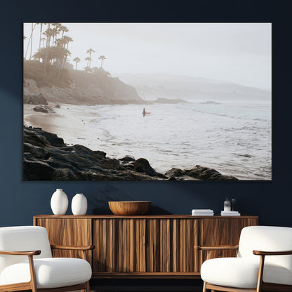 62501405-MGV-CV-36X24-Misty Beach Wall Art Canvas Print, Framed California Surfer Art Picture Print, Coastal Cliff Perfect Coastal Beach Decor Artwork