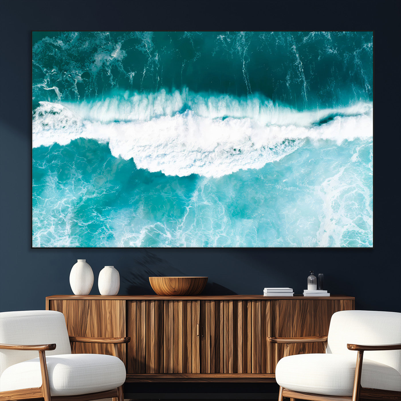 23828594-MGV-CV-36X24-Aerial Waves Wall Art Canvas Print, Framed Ocean Break Art Picture Print, Sea Foam Perfect Tropical Coastal Decor Artwork