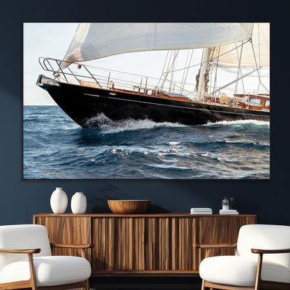 97168626-MGV-CV-36X24-Sailing Yacht Wall Art Canvas Print, Framed Wooden Yacht Art Picture Print, Ocean Waves Perfect Nautical Coastal Decor Artwork