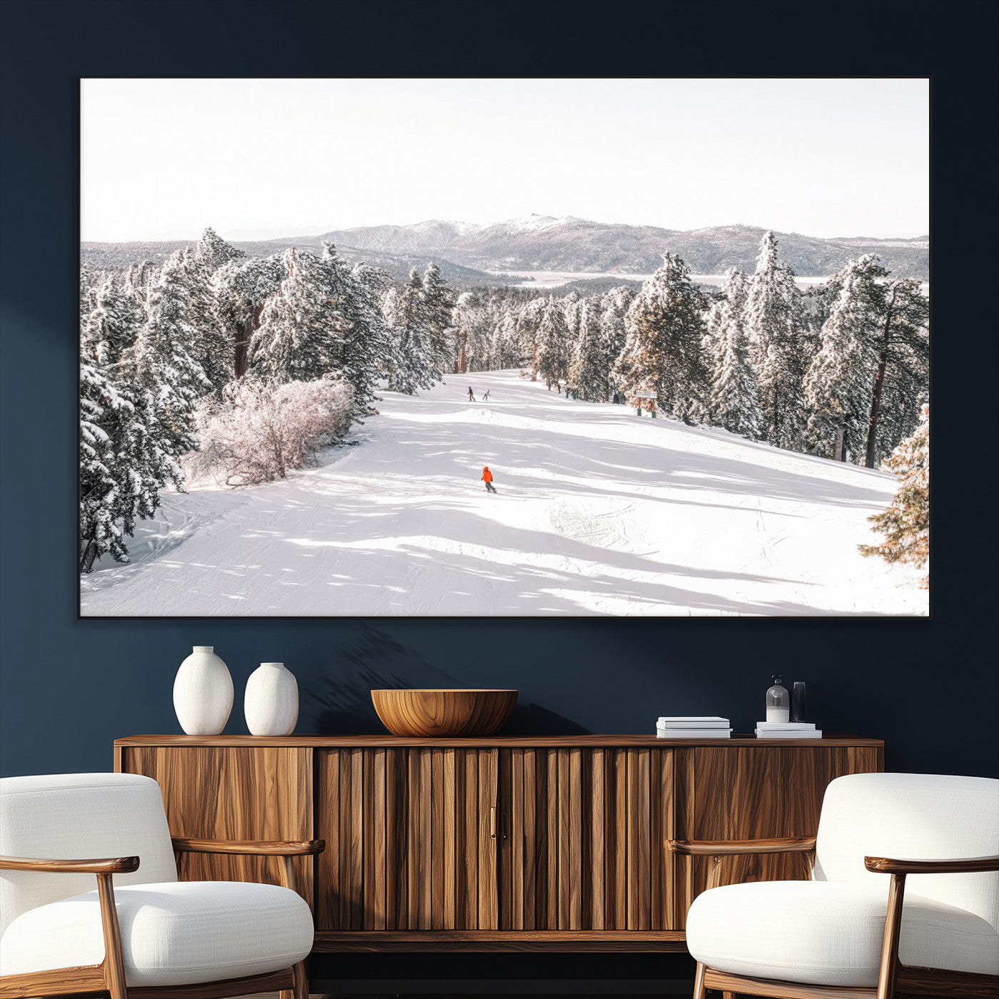 62119206-SEG-FC-51X34_Oversize_Oversize-Snowy Trail Wall Art Canvas Print, Framed Ski Slope Art Picture Print, Winter Pines Perfect Alpine Adventure Decor Artwork