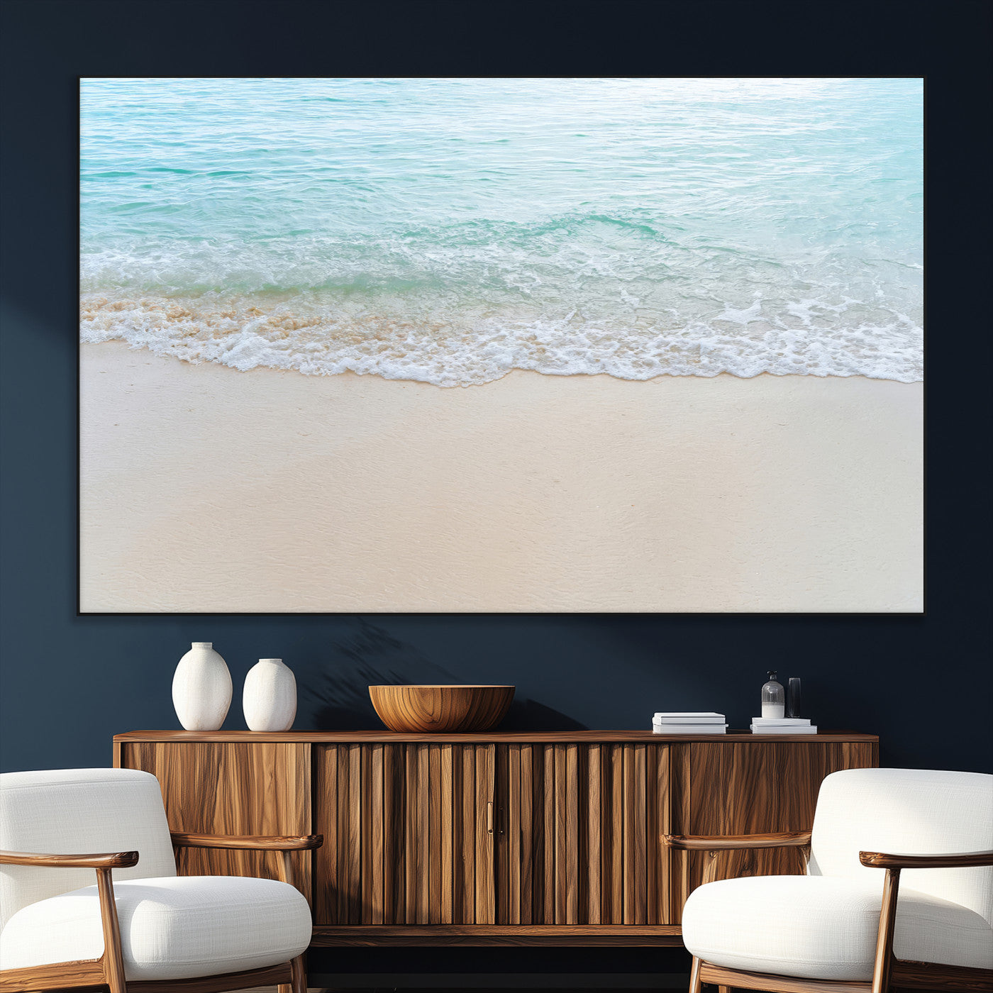 77194056-MGV-CV-36X24-Soft Shoreline Wall Art Canvas Print, Framed Gentle Waves Art Picture Print, Clear Water Perfect Minimalist Coastal Decor Artwork