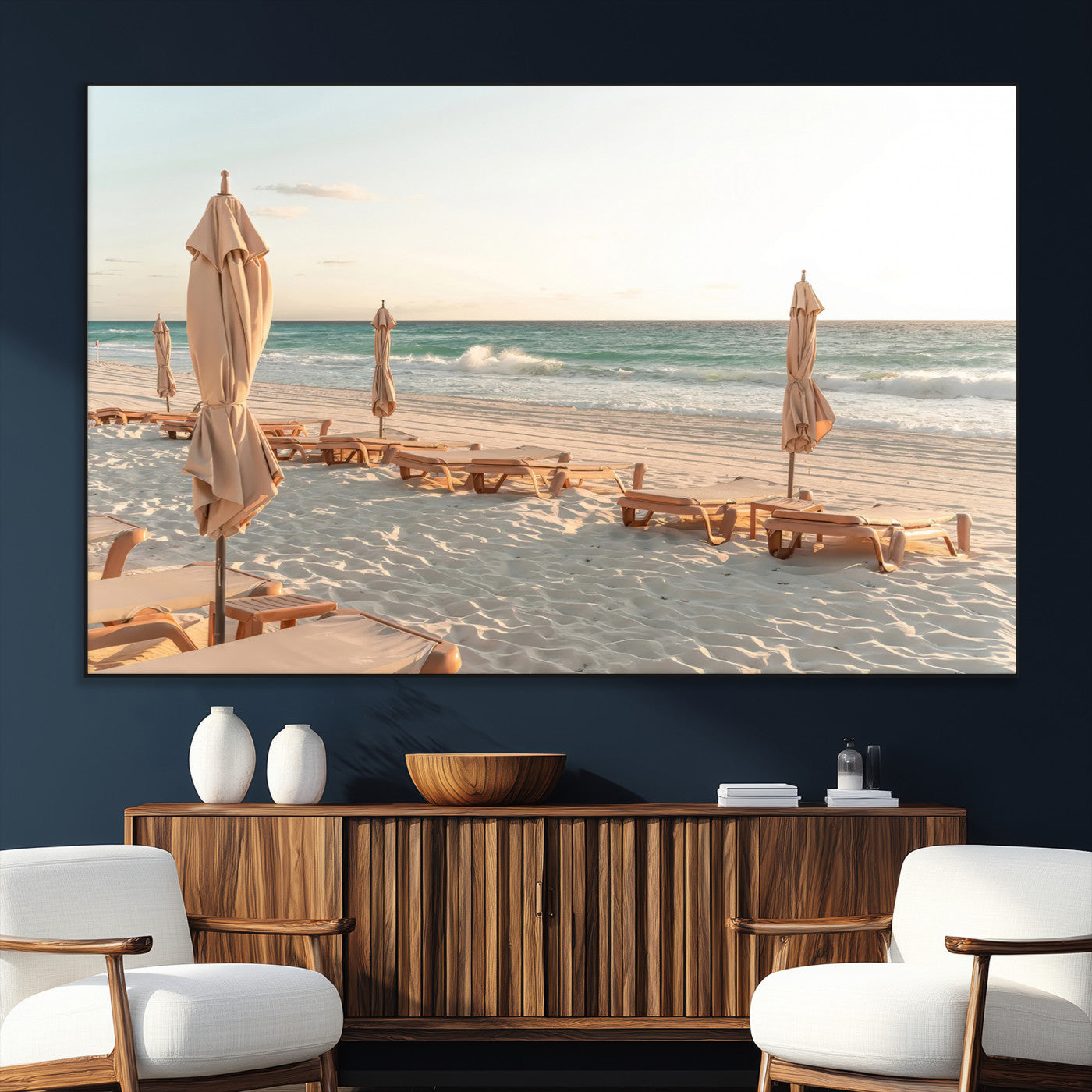 58507949-MGV-CV-36X24-Beach Umbrellas Wall Art Canvas Print, Framed Empty Loungers Art Picture Print, Soft Sand Perfect Minimalist Seaside Decor Artwork