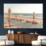 58507949-MGV-CV-36X24-Beach Umbrellas Wall Art Canvas Print, Framed Empty Loungers Art Picture Print, Soft Sand Perfect Minimalist Seaside Decor Artwork