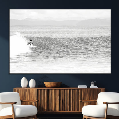 81535128-SEG-FC-51X34_Oversize_Oversize-Surfer Woman Wall Art Canvas Print, Framed Black Ocean Art Picture Print, Ocean Surfing Perfect Monochrome Coastal Decor Artwork