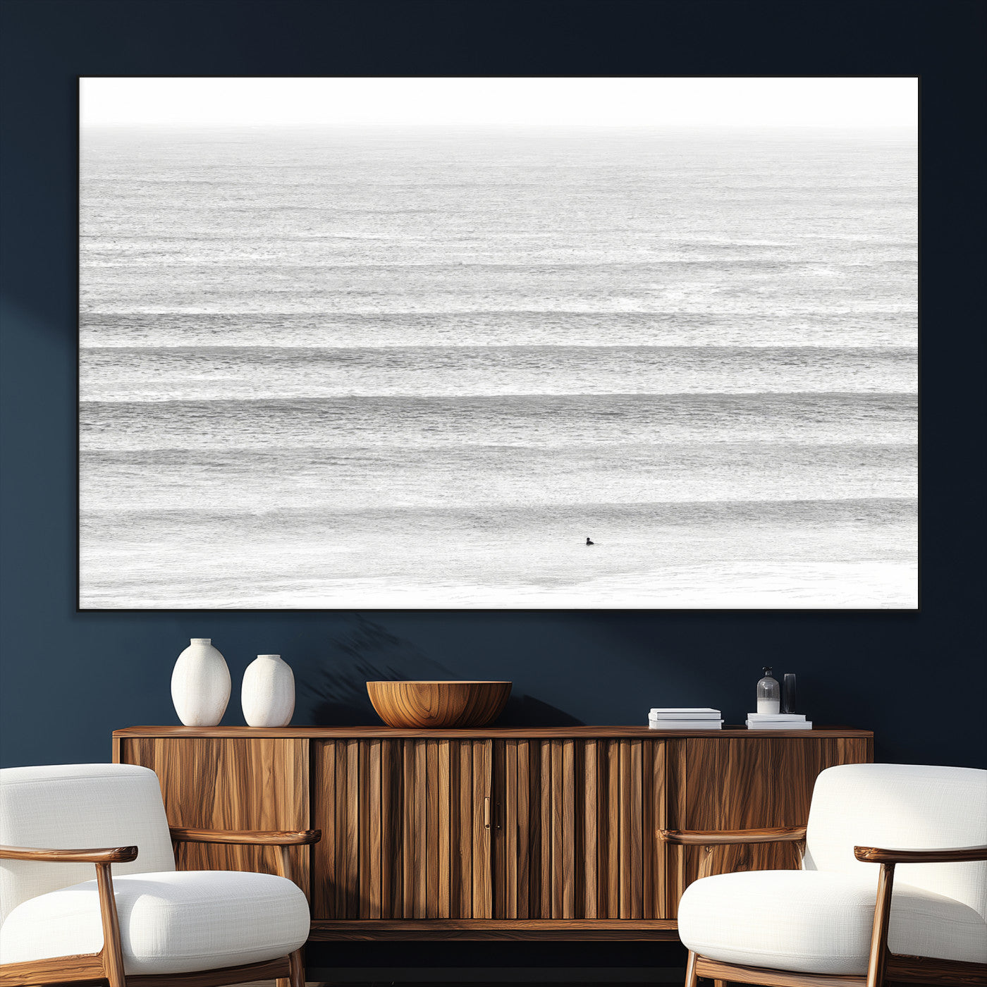 66534476-SEG-FC-51X34_Oversize_Oversize-Lone Surfer Wall Art Canvas Print, Framed Ocean Waves Art Picture Print, Minimal Sea Perfect Minimal Coastal Decor Artwork
