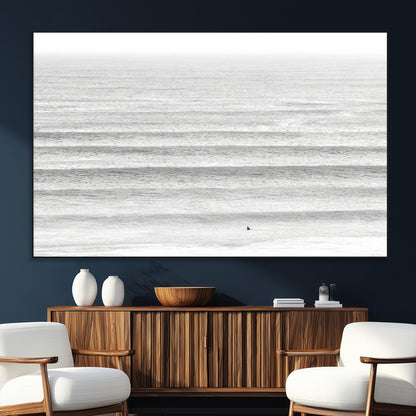 66534476-SEG-FC-51X34_Oversize_Oversize-Lone Surfer Wall Art Canvas Print, Framed Ocean Waves Art Picture Print, Minimal Sea Perfect Minimal Coastal Decor Artwork