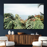 45700479-MGV-CV-36X24-Monstera Leaves Wall Art Canvas Print, Framed Tropical Ocean Art Picture Print, Tropical Foliage Perfect Tropical Coastal Jungle