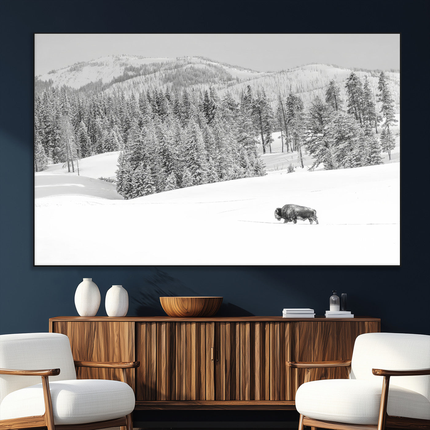 68081143-MGV-CV-36X24-Snowy Bison Wall Art Canvas Print, Framed Winter Forest Art Picture Print, Lone Bison Perfect Monochrome Winter Wild Decor Artwork