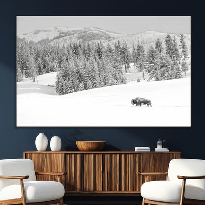 68081143-SEG-FC-51X34_Oversize_Oversize-Snowy Bison Wall Art Canvas Print, Framed Winter Forest Art Picture Print, Lone Bison Perfect Monochrome Winter Wild Decor Artwork