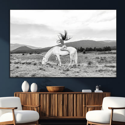 62789800-MGV-CV-36X24-White Horse Wall Art Canvas Print, Framed Woman Rider Art Picture Print, Equestrian Pose Perfect Western Boho Decor Artwork