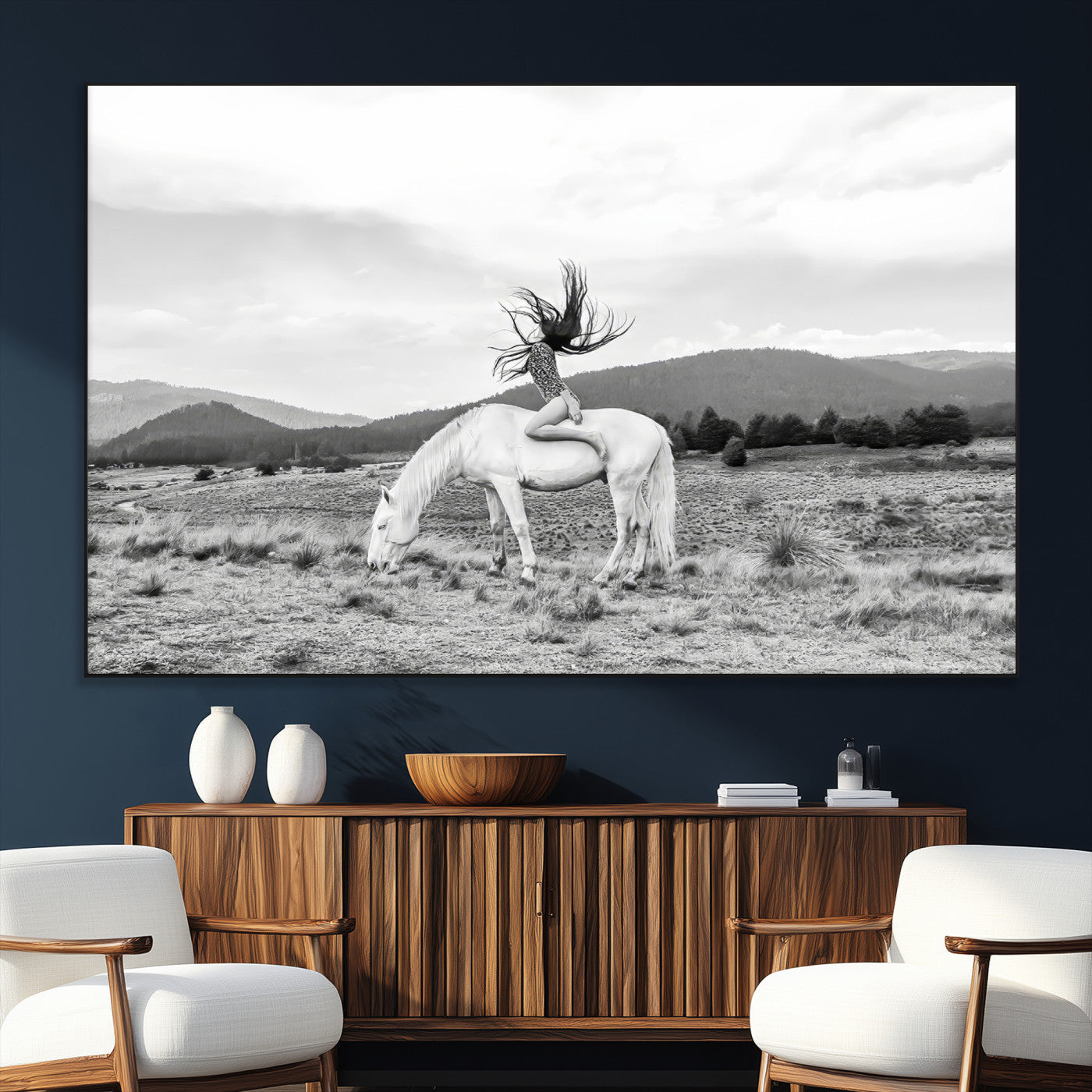 62789800-MGV-CV-36X24-White Horse Wall Art Canvas Print, Framed Woman Rider Art Picture Print, Equestrian Pose Perfect Western Boho Decor Artwork