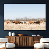 16563092-MGV-CV-36X24-Texas Longhorns Wall Art Canvas Print, Framed Western Cattles Art Picture Print, Rustic Herd Perfect Rustic Farmhouse Decor