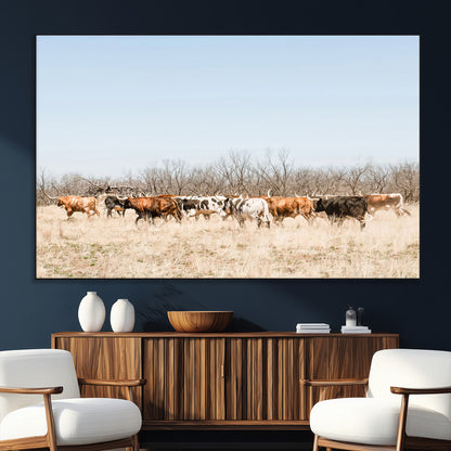 16563092-MGV-CV-36X24-Texas Longhorns Wall Art Canvas Print, Framed Western Cattles Art Picture Print, Rustic Herd Perfect Rustic Farmhouse Decor