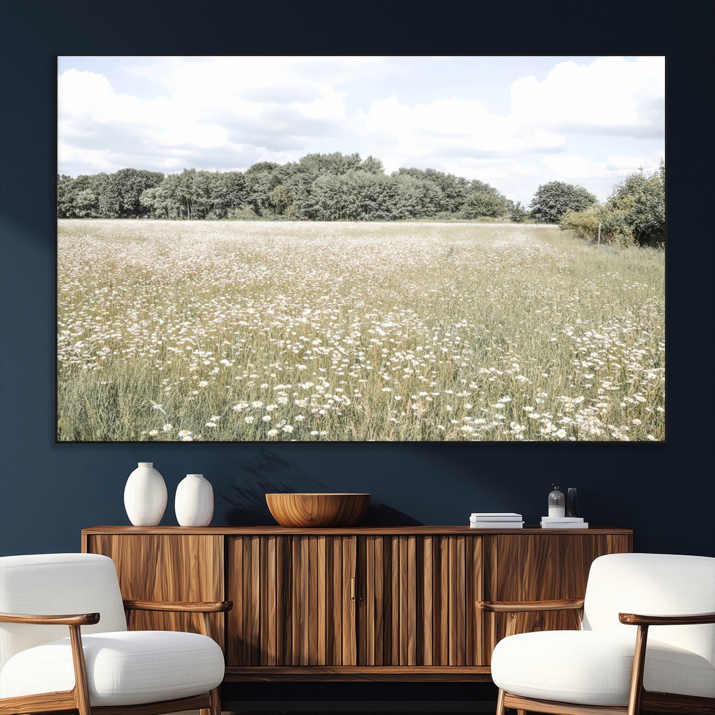 43258946-MGV-CV-36X24-Daisy Field Wall Art Canvas Print, Framed Pastel Flower Art Picture Print, Meadow Bloom Perfect Scandinavian Minimalist Decor