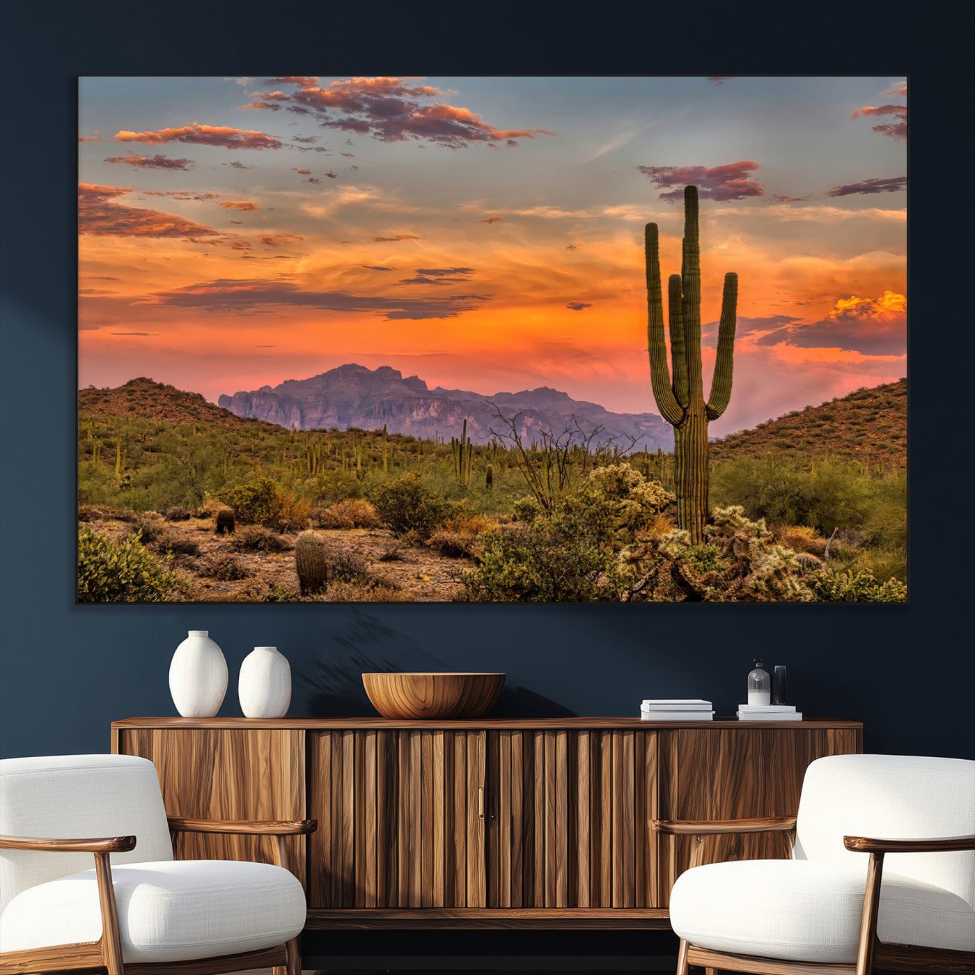 25332783-SEG-FC-51X34_Oversize_Oversize-Saguaro Cactus Wall Art Canvas Print, Framed Arizona Sunset Art Picture Print, Sonoran Desert Perfect Southwestern Boho Decor