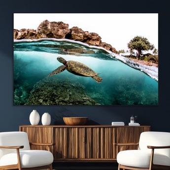44200301-MGV-CV-36X24-Sea Turtle Swim Wall Art Canvas Print, Framed Ocean Life Art Picture Print, Tropical Shoreline Perfect Tropical Coastal Decor