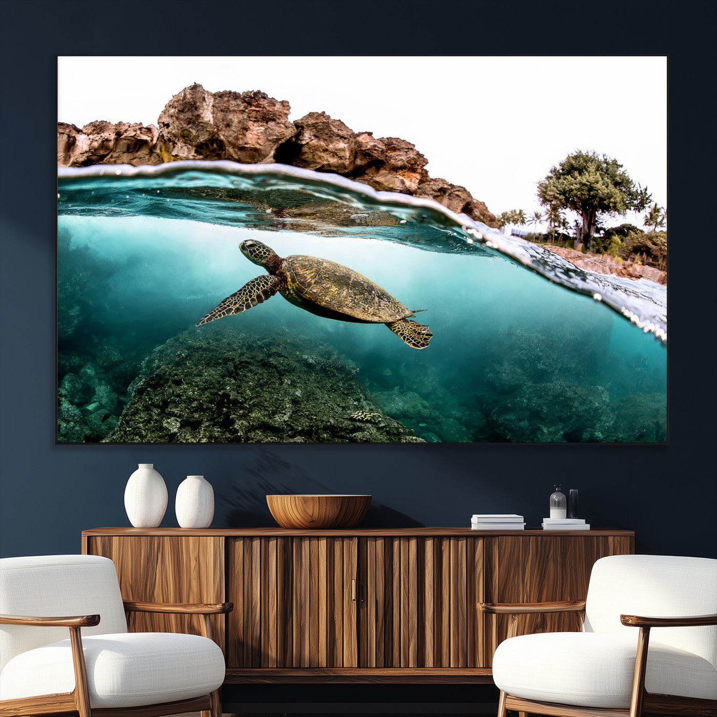 44200301-SEG-FC-51X34_Oversize_Oversize-Sea Turtle Swim Wall Art Canvas Print, Framed Ocean Life Art Picture Print, Tropical Shoreline Perfect Tropical Coastal Decor