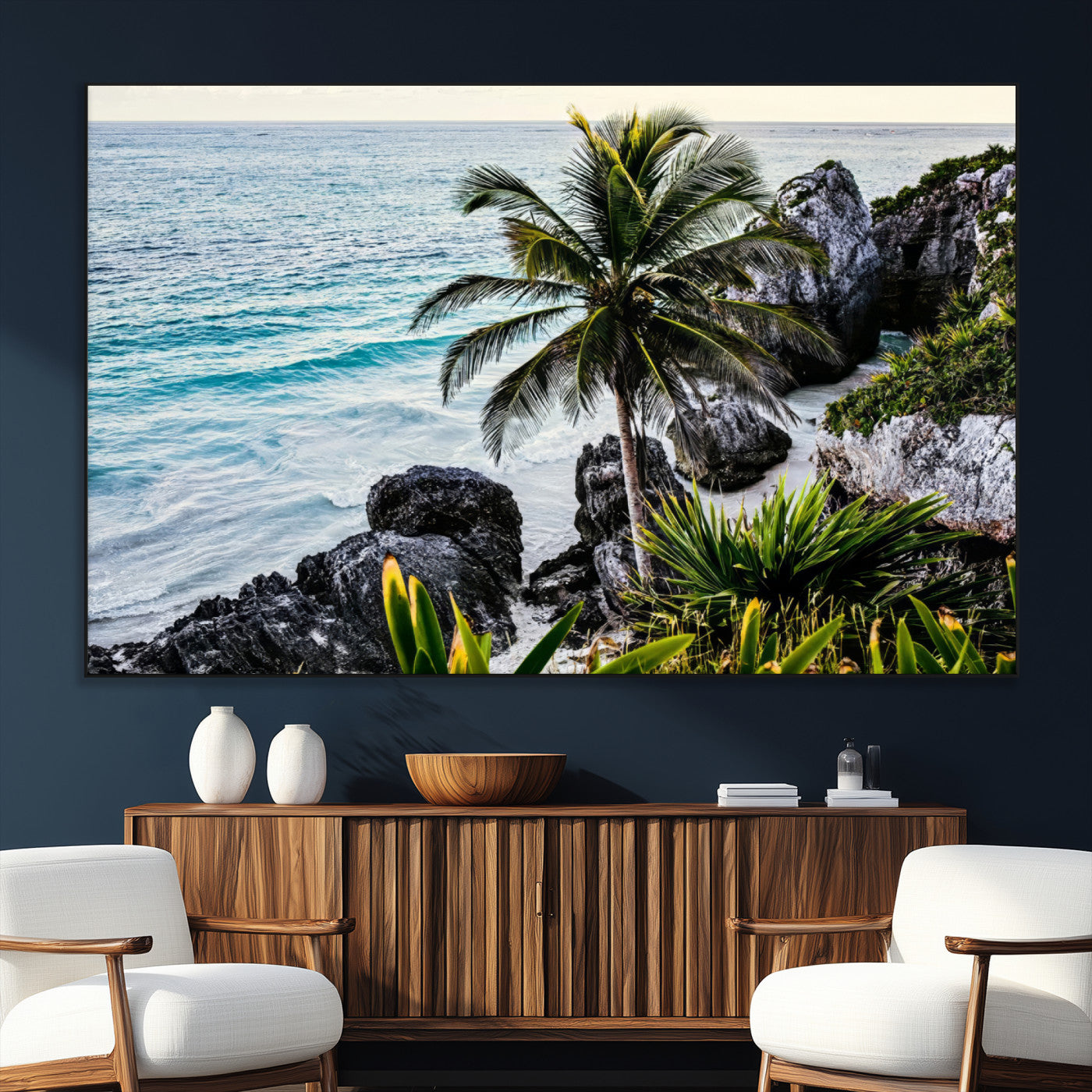 94669907-MGV-CV-36X24-Tropical Coastline Wall Art Canvas Print, Framed Palm Tree Art Picture Print, Rocky Beach Perfect Tropical Coastal Decor Artwork