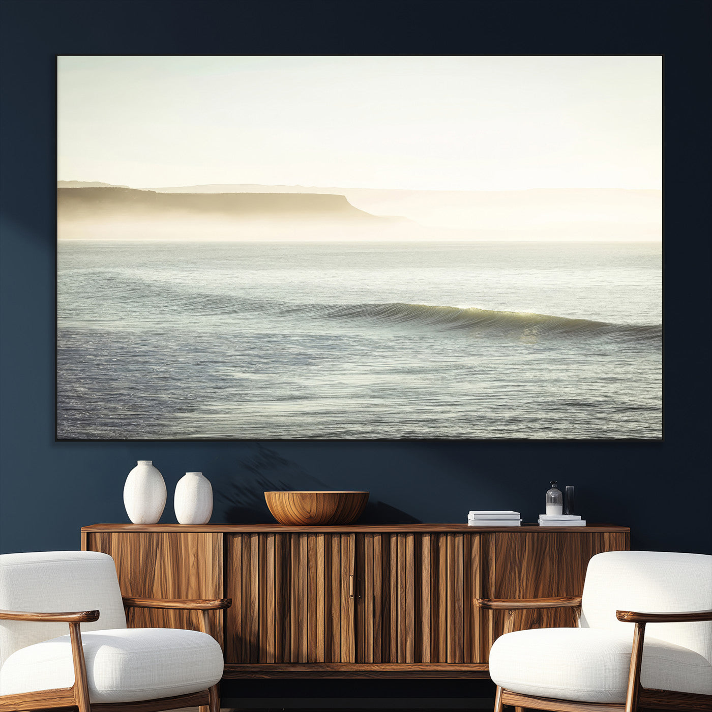 39310633-SEG-FC-51X34_Oversize_Oversize-Coastal Cliffs Wall Art Canvas Print, Framed Misty Ocean Art Picture Print, Morning Light Perfect Minimalistic Coastal Decor