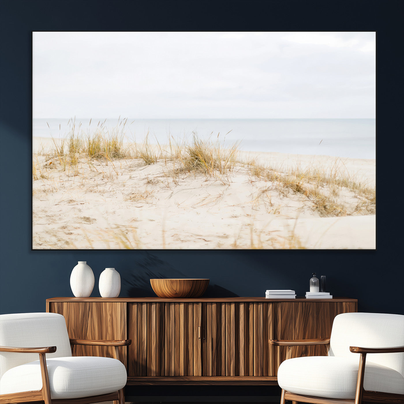 13146857-MGV-CV-36X24-Beach Dunes Wall Art Canvas Print, Framed Soft Horizon Art Picture Print, Coastal Grass Perfect Minimalist Coastal Decor Artwork