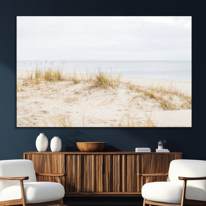 13146857-SEG-FC-51X34_Oversize_Oversize-Beach Dunes Wall Art Canvas Print, Framed Soft Horizon Art Picture Print, Coastal Grass Perfect Minimalist Coastal Decor Artwork