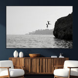 52284302-MGV-CV-36X24-Cliff Jumping Wall Art Canvas Print, Framed Ocean Adventure Art Picture Print, Black White Coast Perfect Modern Coastal Decor