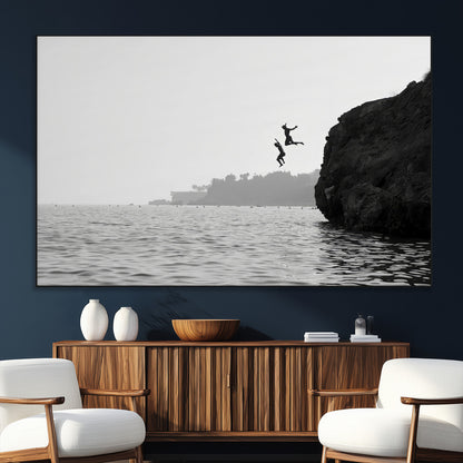 52284302-MGV-CV-36X24-Cliff Jumping Wall Art Canvas Print, Framed Ocean Adventure Art Picture Print, Black White Coast Perfect Modern Coastal Decor