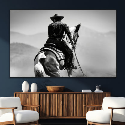 83102464-MGV-CV-36X24-Western Cowboy Wall Art Canvas Print, Framed Monochrome Horse Art Picture Print, Western Equestrian Perfect Rustic Western Decor