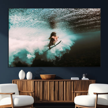 85923512-MGV-CV-36X24-Aquatic Motion Wall Art Canvas Print, Framed Underwater Swimming Art Picture Print, Female Surfer Diving Perfect Coastal Boho
