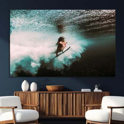 85923512-MGV-CV-36X24-Aquatic Motion Wall Art Canvas Print, Framed Underwater Swimming Art Picture Print, Female Surfer Diving Perfect Coastal Boho