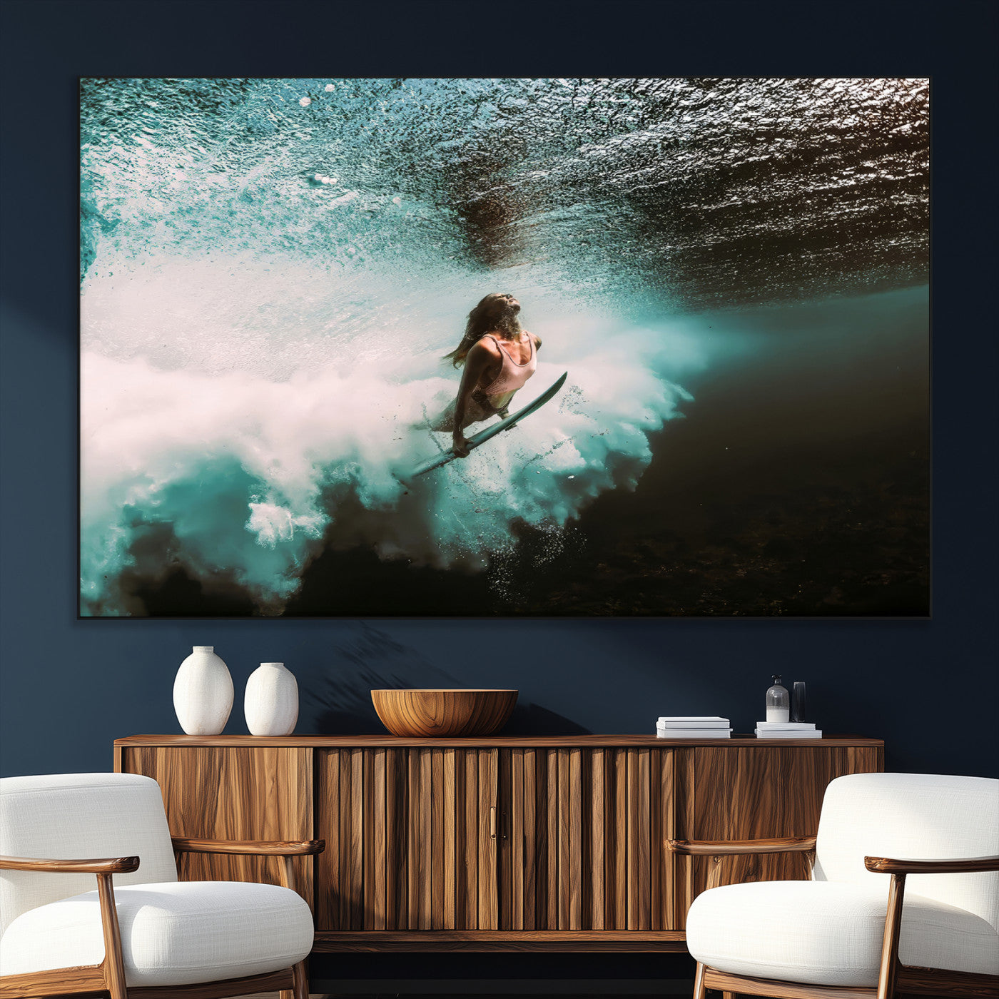 85923512-SEG-FC-51X34_Oversize_Oversize-Aquatic Motion Wall Art Canvas Print, Framed Underwater Swimming Art Picture Print, Female Surfer Diving Perfect Coastal Boho