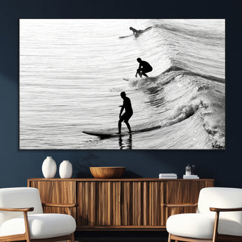 19875284-SEG-FC-51X34_Oversize_Oversize-Surfer Waves Wall Art Canvas Print, Framed Black White Surf Art Picture Print, Monochrome Ocean Perfect Modern Coastal Decor