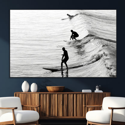 19875284-SEG-FC-51X34_Oversize_Oversize-Surfer Waves Wall Art Canvas Print, Framed Black White Surf Art Picture Print, Monochrome Ocean Perfect Modern Coastal Decor