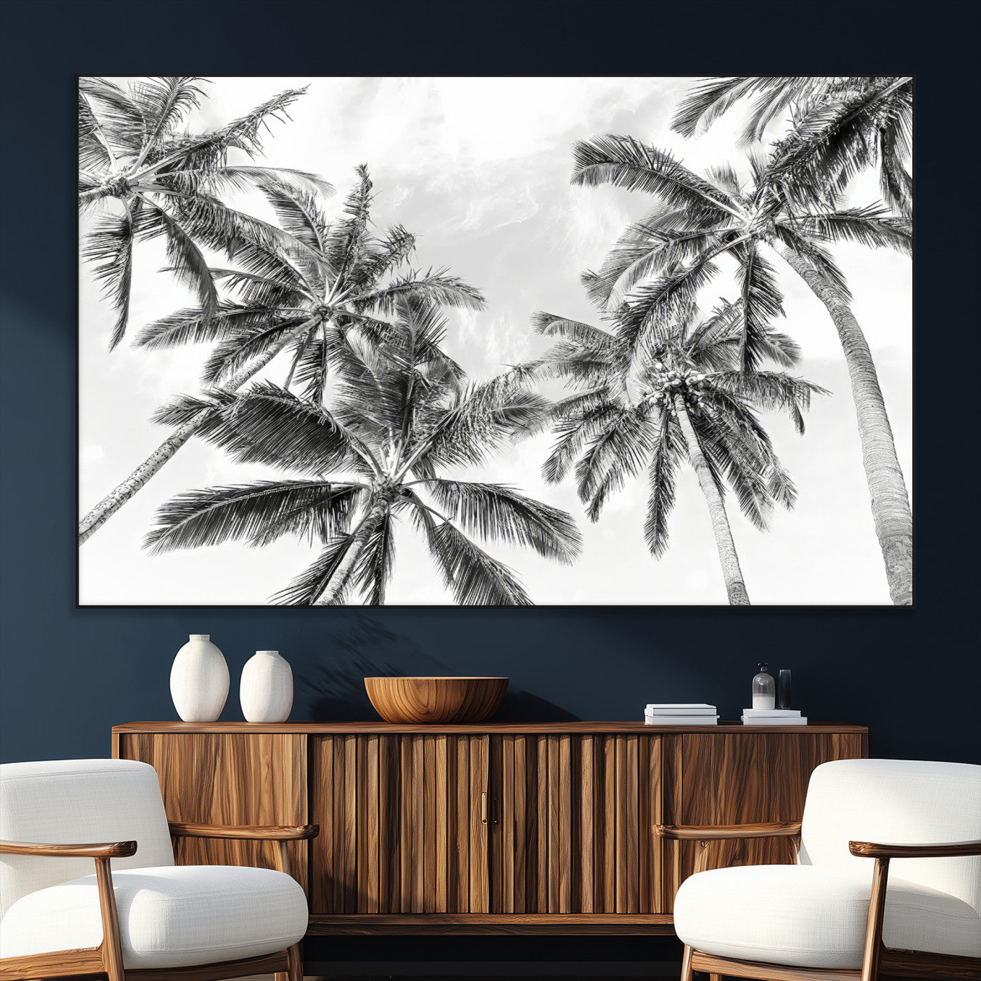 62113786-MGV-CV-36X24-Black White Palm Wall Art Canvas Print, Framed Monochrome Tropics Art Picture Print, Minimalist Beach Perfect Coastal Minimalist