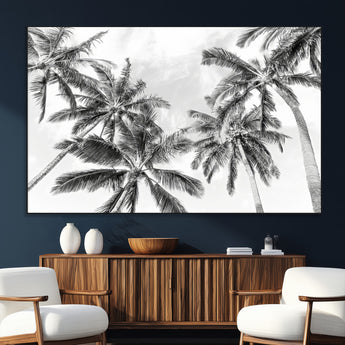 62113786-MGV-CV-36X24-Black White Palm Wall Art Canvas Print, Framed Monochrome Tropics Art Picture Print, Minimalist Beach Perfect Coastal Minimalist