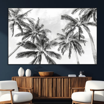 62113786-MGV-CV-36X24-Black White Palm Wall Art Canvas Print, Framed Monochrome Tropics Art Picture Print, Minimalist Beach Perfect Coastal Minimalist