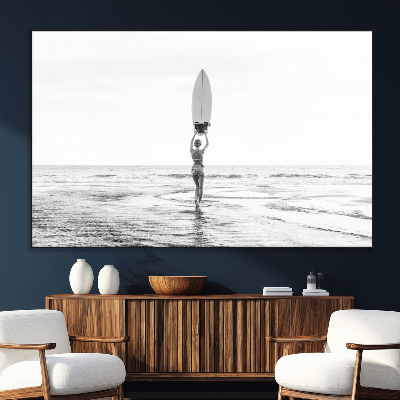 98446901-SEG-FC-51X34_Oversize_Oversize-Monochrome Surf Wall Art Canvas Print, Framed Minimalist Surfer Art Picture Print, Surfboard Silhouette Perfect Coastal Minimalist