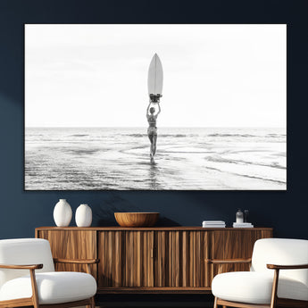 98446901-SEG-FC-51X34_Oversize_Oversize-Monochrome Surf Wall Art Canvas Print, Framed Minimalist Surfer Art Picture Print, Surfboard Silhouette Perfect Coastal Minimalist