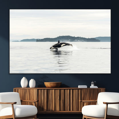 10157174-MGV-CV-36X24-Orca Whale Wall Art Canvas Print, Framed Black White Whale Art Picture Print, Minimalist Ocean Perfect Coastal Minimalist Decor