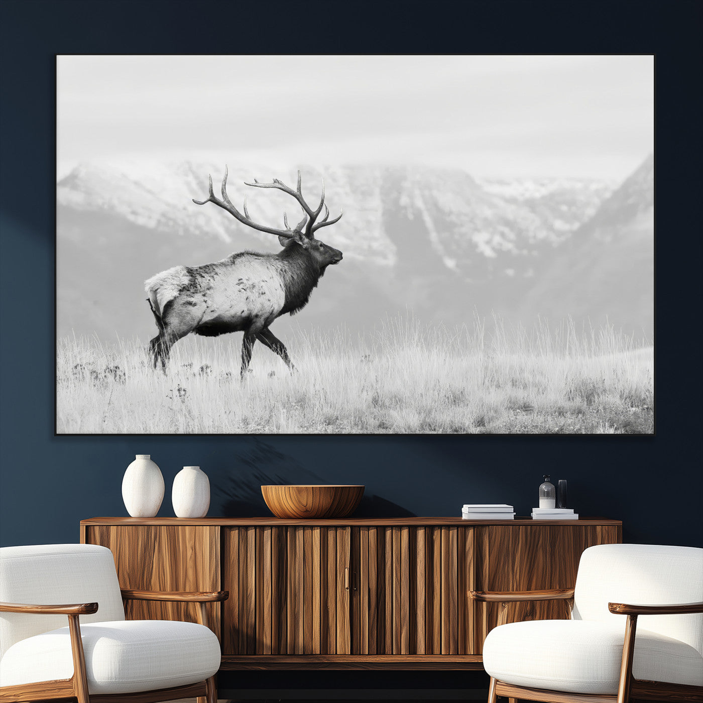 62278753-SEG-FC-51X34_Oversize_Oversize-Monochrome Elk Wall Art Canvas Print, Framed Mountain Wildlife Art Picture Print, Rustic Nature Perfect Rustic Minimalist Decor