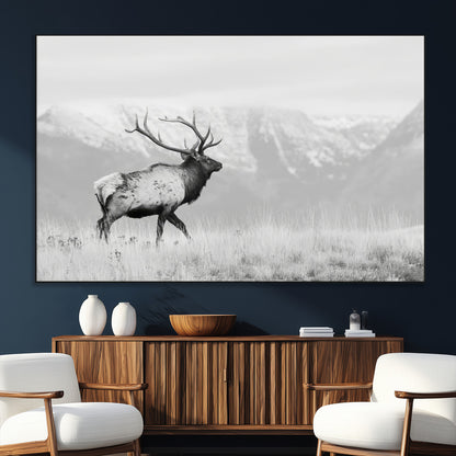 62278753-SEG-FC-51X34_Oversize_Oversize-Monochrome Elk Wall Art Canvas Print, Framed Mountain Wildlife Art Picture Print, Rustic Nature Perfect Rustic Minimalist Decor