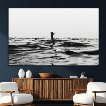 69541918-MGV-CV-36X24-Black White Ocean Wall Art Canvas Print, Framed Moody Seascape Art Picture Print, Surfer Sign Perfect Moody Minimalist Decor