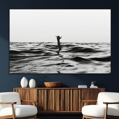 69541918-MGV-CV-36X24-Black White Ocean Wall Art Canvas Print, Framed Moody Seascape Art Picture Print, Surfer Sign Perfect Moody Minimalist Decor
