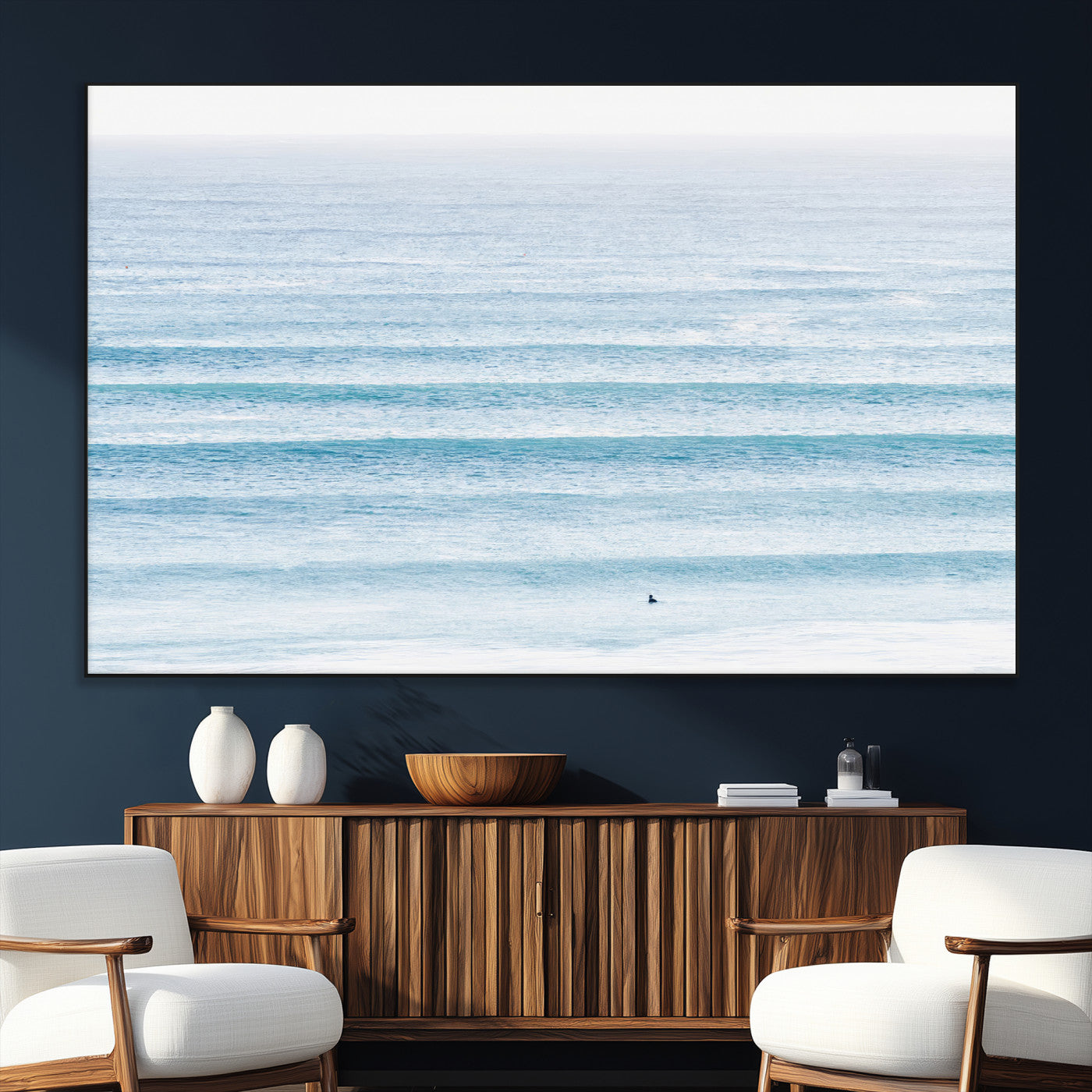 77145995-SEG-FC-51X34_Oversize_Oversize-Ocean Simplicity Wall Art Canvas Print, Framed Surfer on Water Art Picture Print, Light Blue Perfect Coastal Minimalist Decor